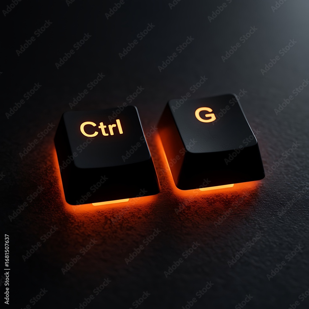Poster illuminated ctrl g keyboard keys glow with warm orange light on dark surface