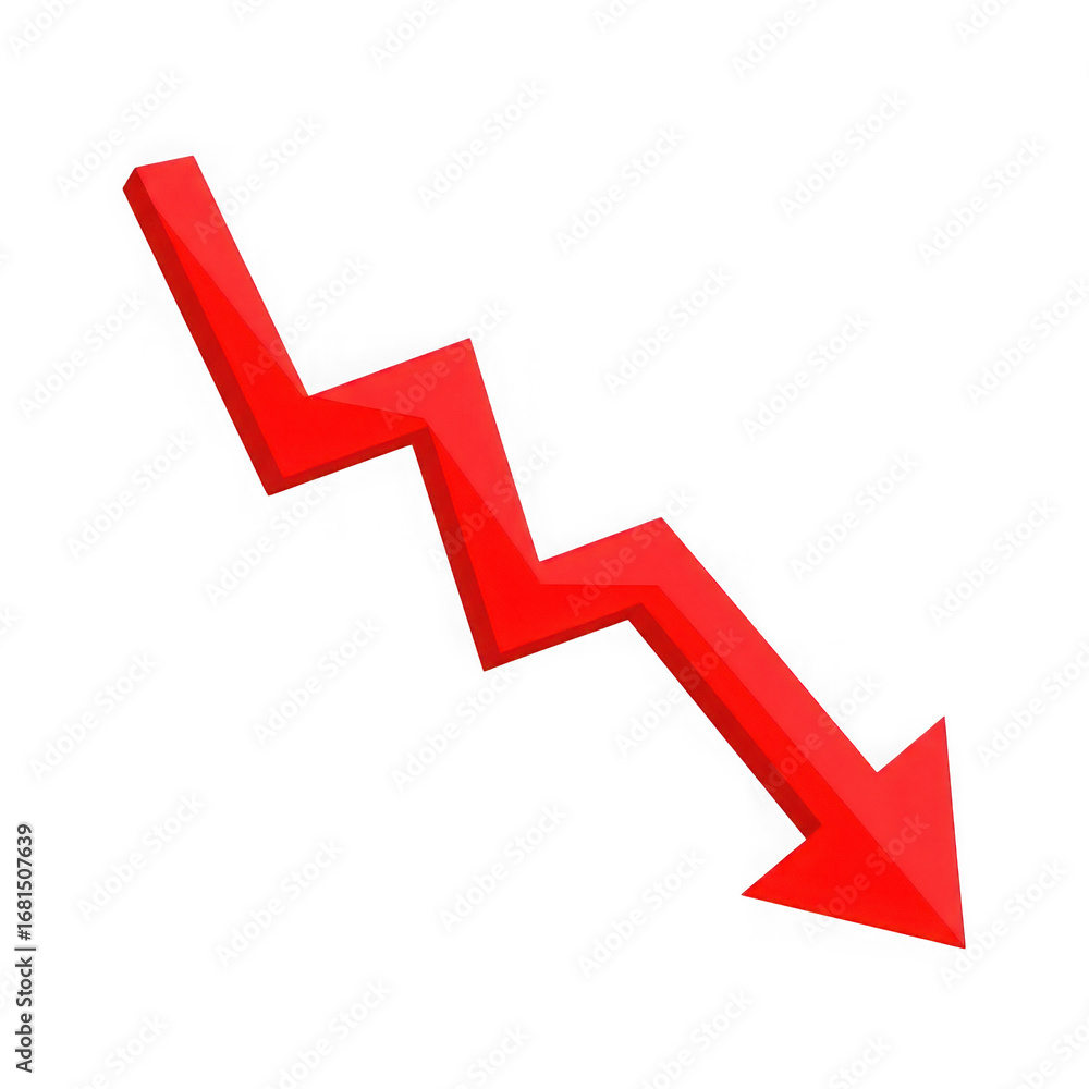 Poster red downward trending arrow with zig-zag pattern on black background decline isolated on a transpare
