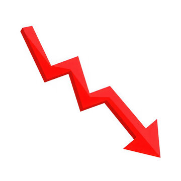 Red downward trending arrow with zig-zag pattern on black background decline isolated on a transparent background
