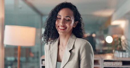 Internet, face and woman in office, tablet and email with investment deal, proud and stock market. Connection, person and consultant with tech, economy and financial agency with budget report and app - Powered by Adobe