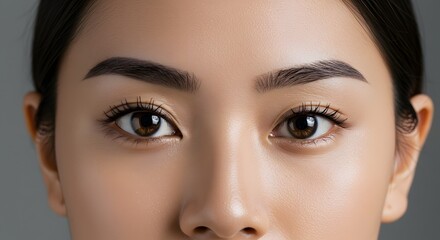 Fototapeta premium Close-up of a Young Woman's Beautiful Eyes and Skin with Long Lashes and Defined Eyebrows
