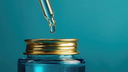 Droplet of liquid falls from a glass pipette into a blue glass bottle with gold lid