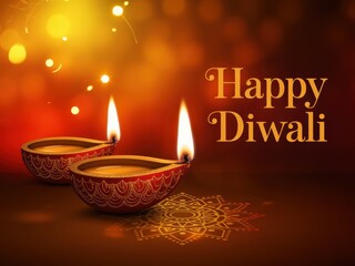 Happy diwali festival of lights with burning diya on decorative background