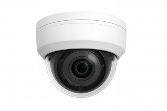 Security dome camera mounted on ceiling, providing high-resolution monitoring with sleek design against transparent backdrop