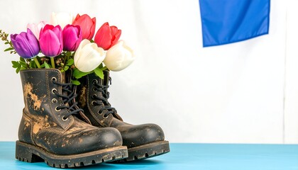 Worn boots hold colorful tulips against a blurred flag backdrop