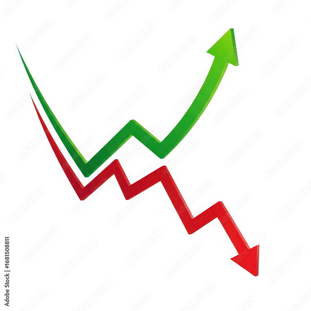 Poster red downward trending graph and green upward trending graph on black background arrow isolated on a 