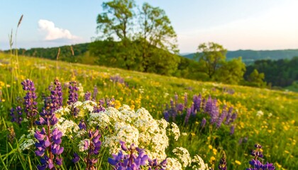 Vibrant wildflowers in a sunlit meadow, rolling hills in the background