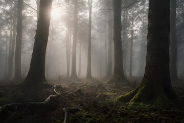A forest on a foggy autumn morning, soft diffused light, light haze, moss on the ground, a deep atmosphere of comfort