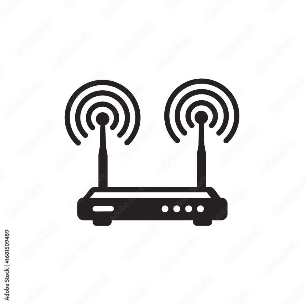 Poster router signal icon: a simple black and white icon depicts a router with two antennas emanating signa