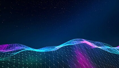 Abstract Digital Landscape with Glowing Network Grid and Neon Lights.