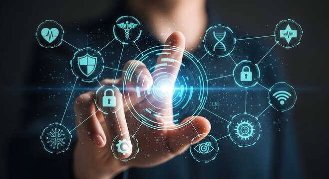 Hand interacting with a glowing digital network of health and security icons