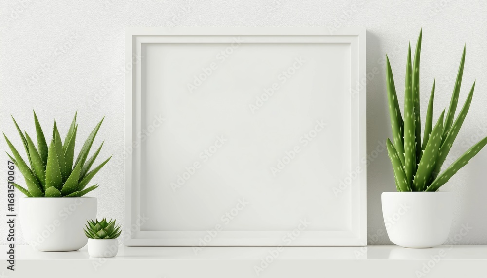 Poster white frame and aloe vera plant mock-up displayed on bookshelf or desk, creating a bright and fresh 