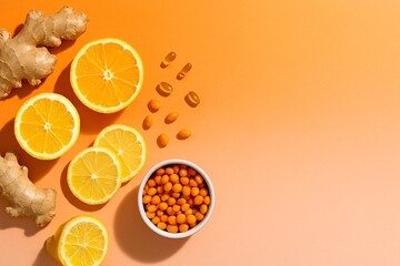 Vitamin supplements with fresh orange slices and ginger root on orange background natural health immunity concept