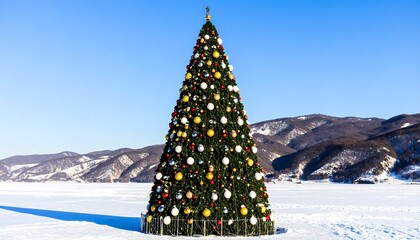 Tall decorated Christmas tree on snowy, frozen lake with mountains in background