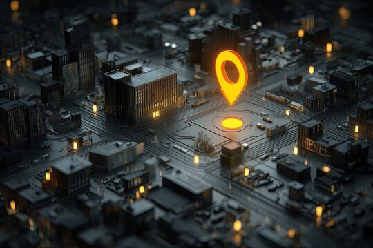 Cityscape on a circuit board, location marker