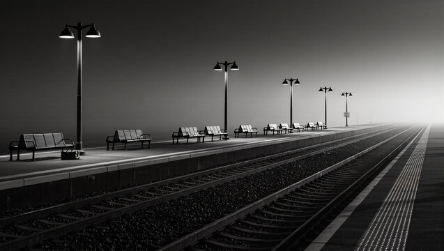 A dramatic black-and-white image of an empty train station platform at night. The fog and streetlights create a moody, mysterious atmosphere, perfect for themes of travel, waiting, or solitude.