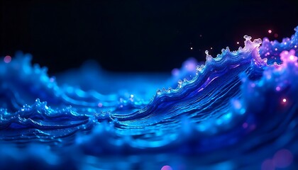 Abstract flowing blue and purple light waves on a dark background representing sound energy or digital data streams