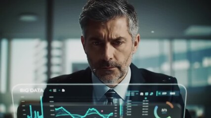 Businessman reviews digital data charts - Powered by Adobe