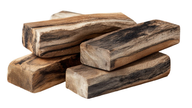 Stack of four rectangular wood blocks. Dark, streaked, and patterned wood. Natural grain visible. Close-up view - Powered by Adobe