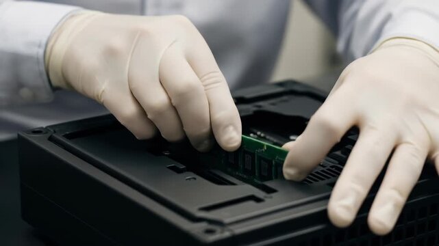 Person in gloves installing RAM module in computer. Technology, computer hardware. PC upgrade.