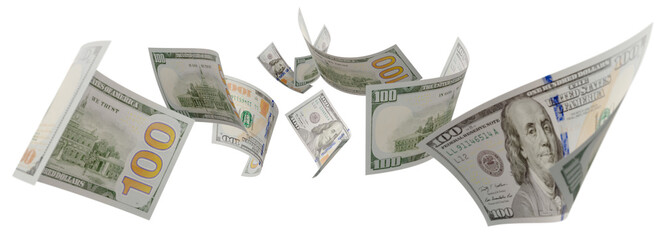 Randomly Falling U.S. 100 Dollar Bills on a Transparent Background. Transparent PNG.