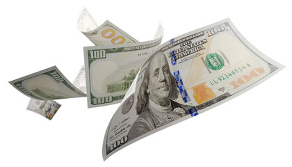 Randomly Falling U.S. 100 Dollar Bills on a Transparent Background. Transparent PNG.