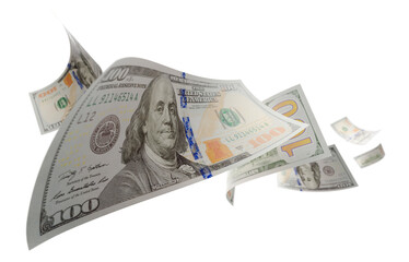 Randomly Falling U.S. 100 Dollar Bills on a Transparent Background. Transparent PNG.
