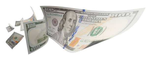 Randomly Falling U.S. 100 Dollar Bills on a Transparent Background. Transparent PNG.