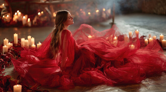 Elegant female silhouette in sheer red fabric dress surrounded by glowing candles, romantic atmosphere, long hair, dreamy mood, soft lighting, festive indoor setting