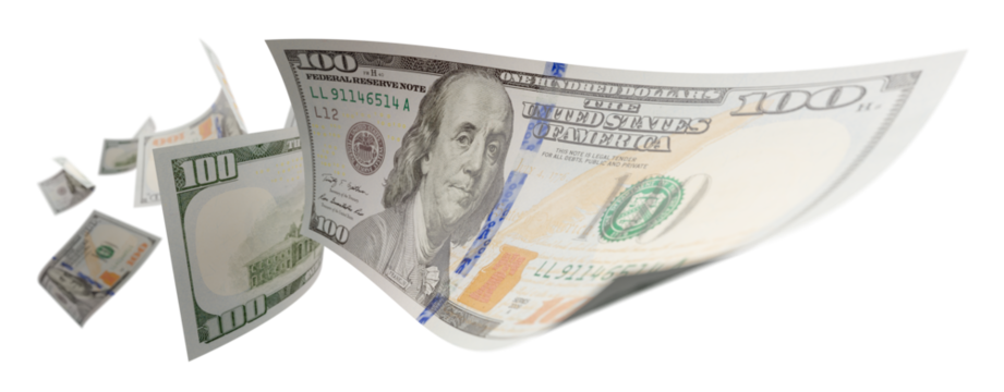 Randomly Falling U.S. 100 Dollar Bills on a Transparent Background. Transparent PNG. - Powered by Adobe