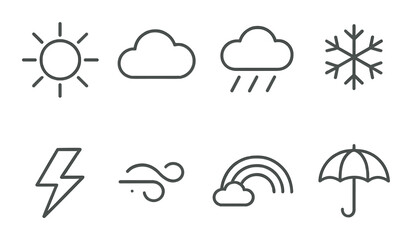 Weather icons set: sun, cloud, rain, snow, lightning, wind, rainbow, umbrella symbols