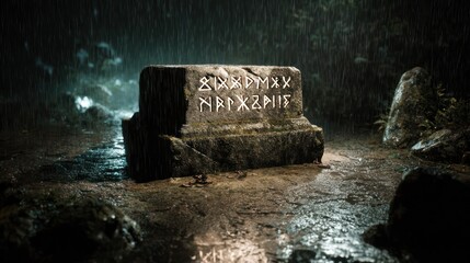 Ancient stone tablet in rain