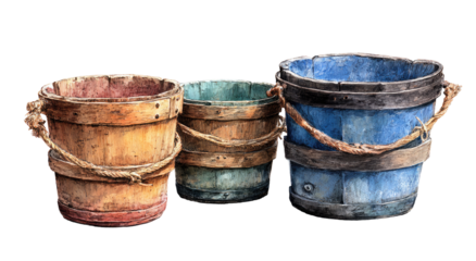 Three weathered wooden buckets, varying in color, with rope handles.  A rich, muted palette of natural tones and faded hues