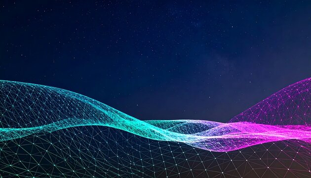 Abstract Digital Network Waveform with Neon Glow and Dark Background.