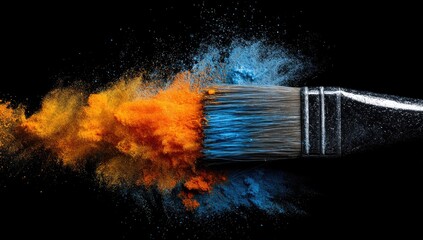Paintbrush with vibrant orange and blue paint exploding in a dramatic display against a black background