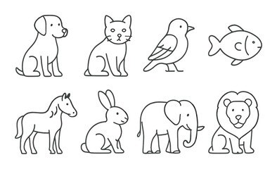 Outlined animal icons: dog, cat, bird, fish, horse, rabbit, elephant, lion in minimalist style