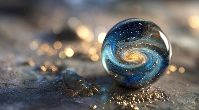 A glass sphere, swirling galaxy within - Powered by Adobe