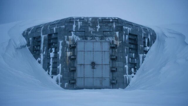 Remote doomsday vault covered by snow. A unique architecture building in the landscape, protecting seeds and genetic material for future generations. Seed vault, winter, cold, landscape.