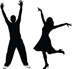 Happy people silhouettes vector, energetic pose illustration, dancing figure clipart, excited man and woman graphic, joyful movement images,