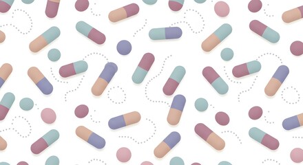 Seamless Pattern of Colorful Medicine Capsules and Pills