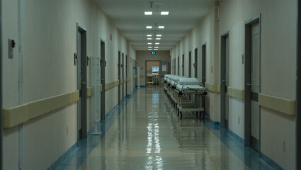 A long, empty hospital corridor with a row of doors and gurneys. The bright, reflective floor and clean, minimalist aesthetic create a modern, clinical, and slightly eerie atmosphere.