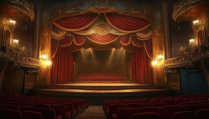 A grand theater stage with ornate curtains and red velvet seats, bathed in warm lighting