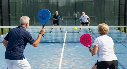 Senior Men and Women Playing Padel Tennis Outdoors in Sport Enthusiastic Atmosphere
