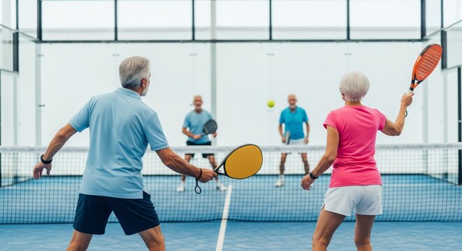 Four active older adult men and women enjoying a friendly pickleball match on an indoor court