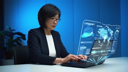 Businesswoman working on laptop with hologram - Powered by Adobe