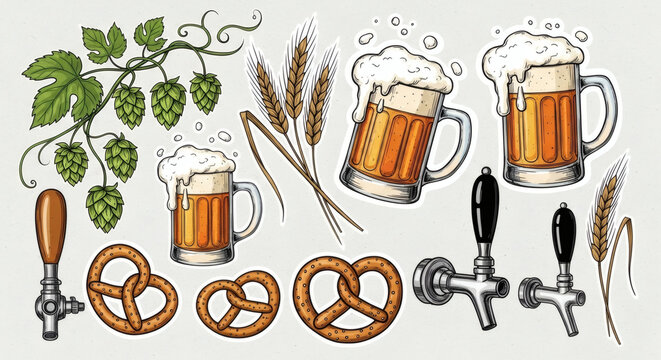 Set of hand drawn hoppy illustrations of beer brewing. Doodle drawings of hops vines, overflowing beer mugs, barley stalks, pretzels, and vintage beer tap handles