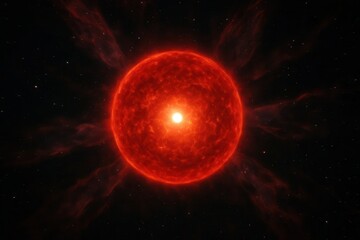 Isolated illustration of a vibrant red giant star pulsating with intense energy, set against a dark, star-filled cosmic background with subtle nebulous clouds, ideal for science themes.