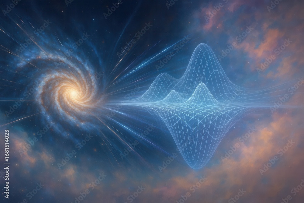 Aufkleber quantum physics: dynamic 3d wireframe grid representing energy waves and data flow from a luminous s
