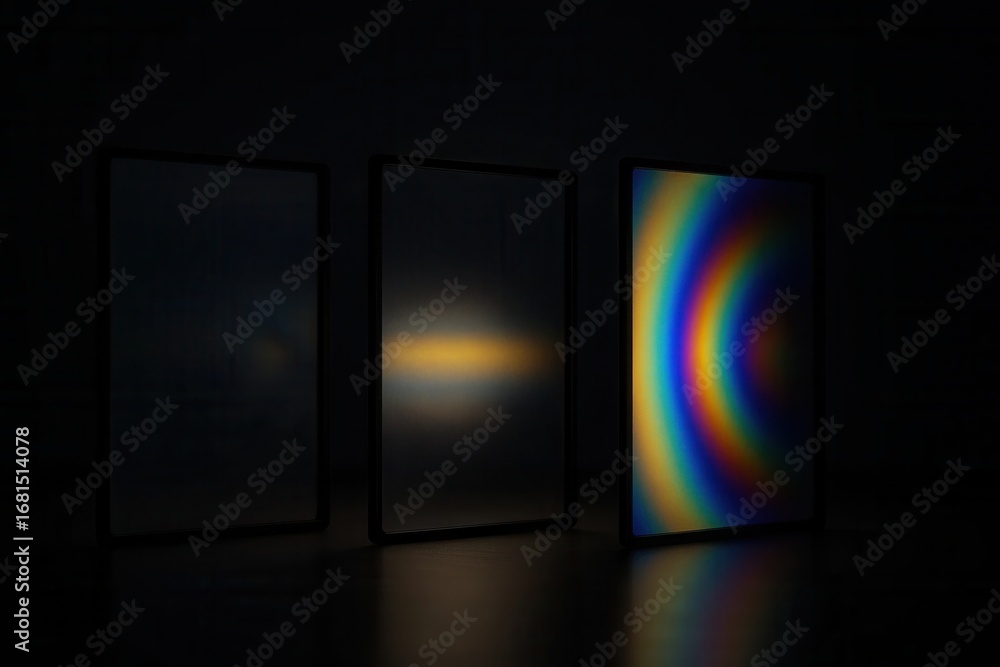Aufkleber light spectrum progression: abstract digital illustration showcasing three isolated screens evolving