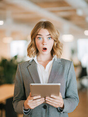 A surprised woman in a suit holds a tablet, expressing astonishment in a modern office setting.